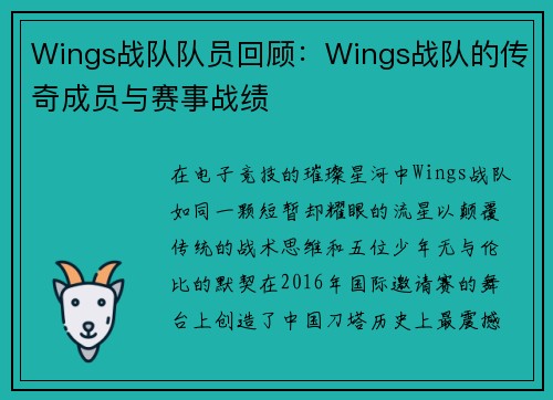 Wings战队队员回顾：Wings战队的传奇成员与赛事战绩